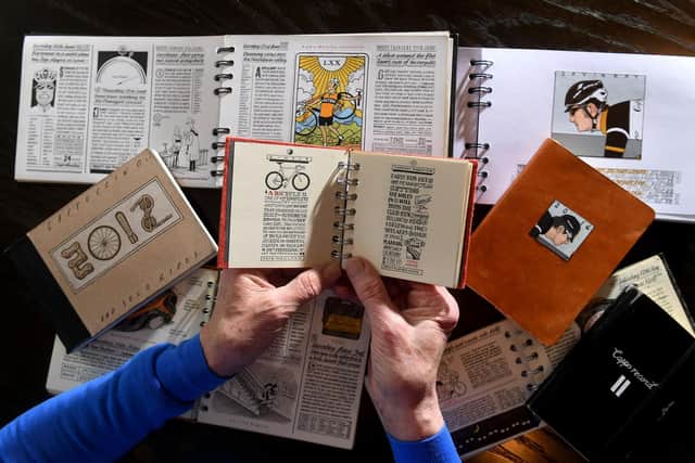 Artist and Cyclist Martin Procter pictured with his Journals at his home at Harrogate