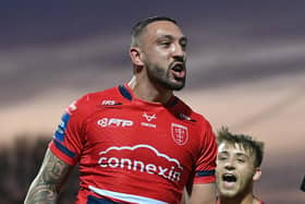 DOUBLING UP: Hull KR's Elliot Minchella celebartes scoring his second try against Castleford Tigers. Picture: Bruce Rollinson.