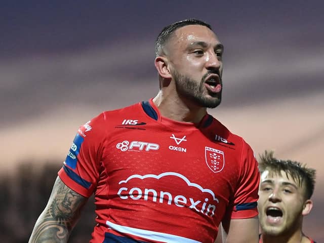 DOUBLING UP: Hull KR's Elliot Minchella celebartes scoring his second try against Castleford Tigers. Picture: Bruce Rollinson.