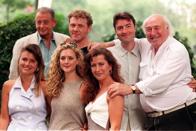 Some famous cast faces including Derek Fowlds, Nick Berry and Bill Maynard as well as Tricia Penrose.