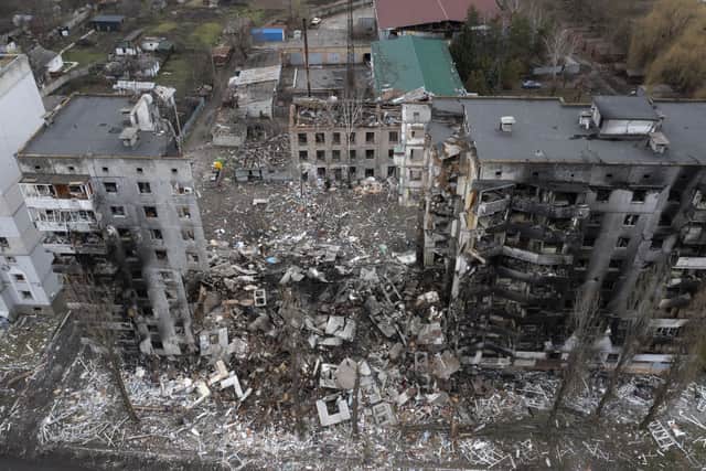 A heavily damaged apartment building following a Russian attack in the center of Borodyanka, Ukraine, Wednesday, April 6, 2022. AP Photo/Efrem Lukatsky.