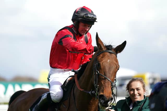 Winning team: Ahoy Senor and jockey Derek Fox after winning the Betway Mildmay Novices' Chase on Ladies Day at Aintree. Picture: Tim Goode/PA Wire.