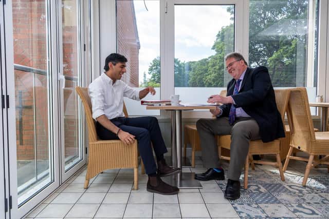 Rishi Sunak Chancellor of the Exchequer being interviewed by Tom Richmond in Barkers department store, Northallerton