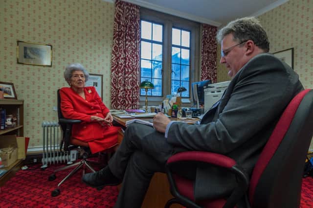 Tom Richmond interviewing the Former speaker of the House of Commons Baroness Betty Boothroyd, at Westminster, London