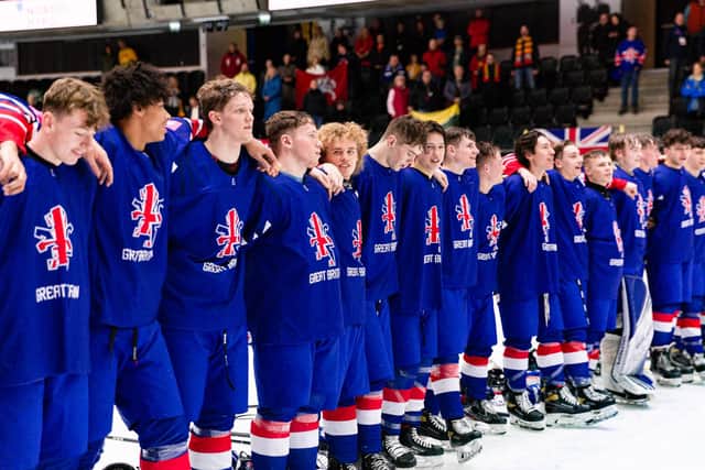 GB's Under-18s line-up for the national anthem after beating Lithuania on the final day of the IIHF World championshps Division 2A tournament in Estonia. Picture courtesy of Catherine Kortsmik (IIHF)