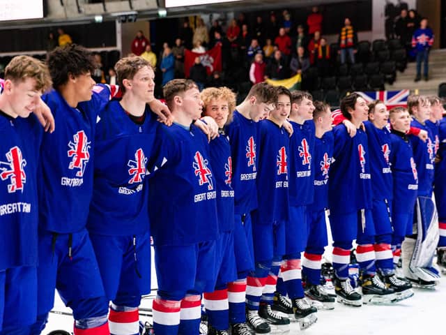 GB's Under-18s line-up for the national anthem after beating Lithuania on the final day of the IIHF World championshps Division 2A tournament in Estonia. Picture courtesy of Catherine Kortsmik (IIHF)