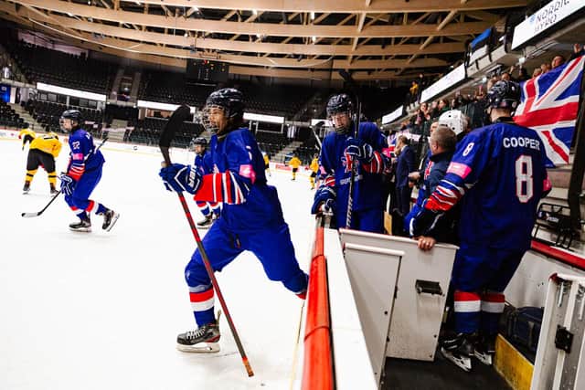 GB's Under-18s make a line change during their IIHF World Championship clash against Lithuania in Estonia on Saturday. Picture courtesy of Catherine Kortsmik (IIHF)