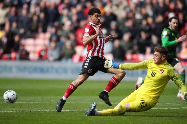 Sheffield United's Morgan Gibbs-White sees his effort saved by Bournemouth goalkeeper Mark Travers at Bramall Lane  Picture: Simon Bellis/Sportimage