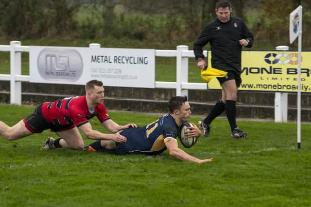 TRY TIME: Harry Jukes, right, scored for Leeds Tykes as they lost at Tonbridge Juddians. Picture: Tony Johnson.