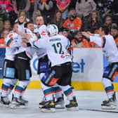 Belfas Giants'players celebrate Scott Conway's shoot-out winner, the golden goal which sealed his team's Elite League title at the expense of hosts' Sheffield Steelers. Picture: Dean Woolley.