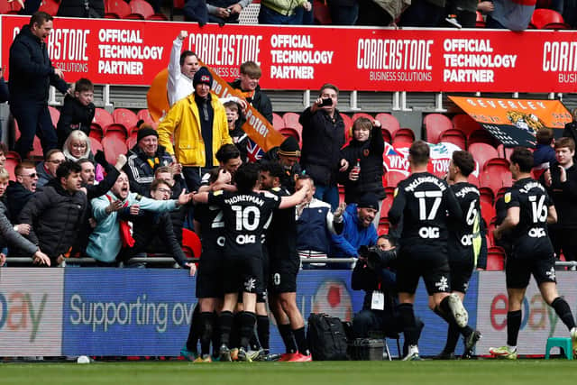 Hull City's Keane Lewis-Potter celebrates with team-mates after scoring against Middlesbrough. Picture: Will Matthews/PA