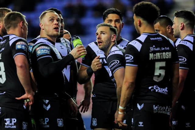 Hull FC’s Luke Gale and Adam Swift look on at Wigan. (Picture: SWPix.com)