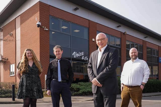 Left to right is Mandy Guest, partner of Voice &  Co, Hugh Voice, partner and founder of Voice &  Co, Peter Watson, managing director of Hentons and
Tim Baum Dixon, partner of Hentons who heads the firm’s Sheffield office.