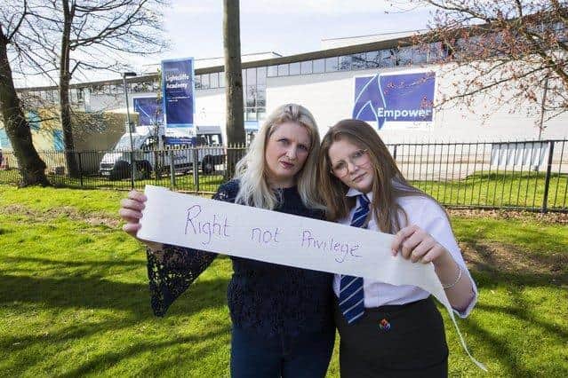 Nicola Hanson with daughter Izzy Hanson outside Lightcliffe Academy.