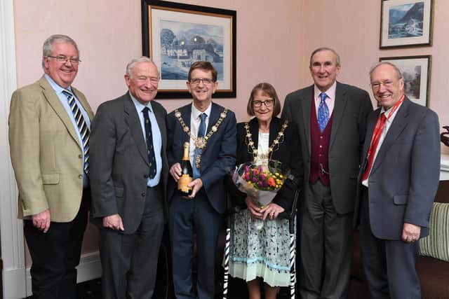 Gervase Phinn, second from right, lines up with special guests John Fox, Andy Wilkinson, the Chairman of Friends of Harrogate Hospital, the Mayor and
Mayoress of Harrogate, Coun Trevor Chapman and Mrs Janet Chapman and Albert Day of Friends of Harrogate Hospital