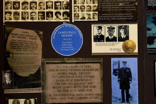 Exhibition on Scarborough's links to the Titanic, marking 110 years since the ship sank, held at the Scarborough Maritime Heritage Centre. Photographs of James Paul Moody who was the sixth Officer of the Titanic. Writer: Simon Hulme