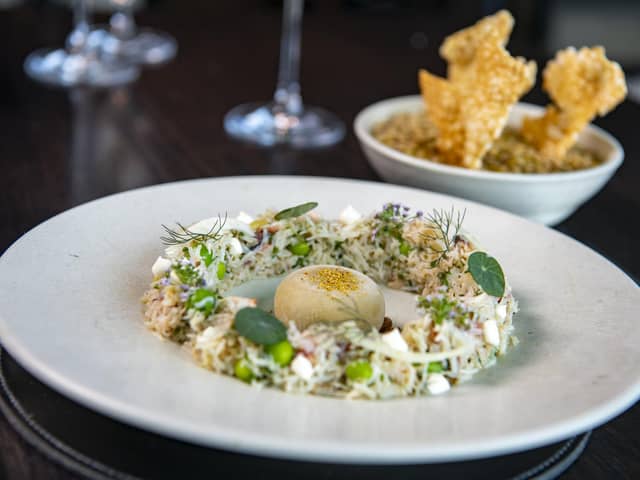 Whitby crab and English pea salad
