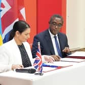 Home Secretary Priti Patel and Rwandan minister for foreign affairs and international co-operation, Vincent Biruta. Photo: Flora Thompson/PA Wire