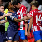 Atletico Madrid's Stefan Savic head butts Manchester City's Raheem Sterling during the UEFA Champions League quarter final (Picture: Nick Potts/PA)