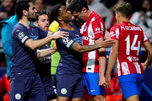 Atletico Madrid's Stefan Savic head butts Manchester City's Raheem Sterling during the UEFA Champions League quarter final (Picture: Nick Potts/PA)