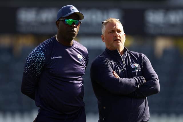 DARREN GOUGH: Yorkshire director of cricket, right, stood with YCCC coach Ottis Gibson, left, was surprised by Joe Root standing down as England's Test captain. Picture: Getty Images.
