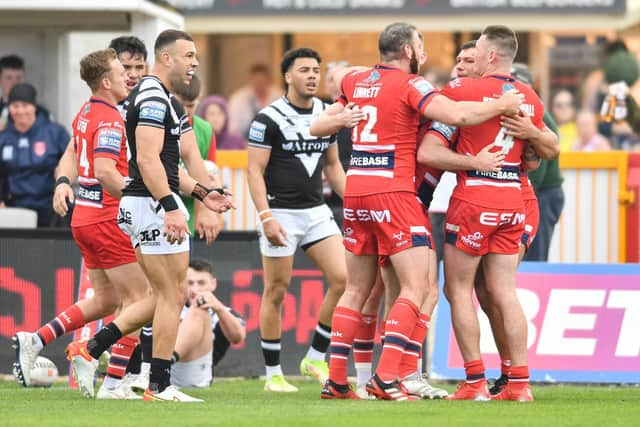 Hull KR celebrate Ryan Hall's opening try. (Picture: SWPix.com)