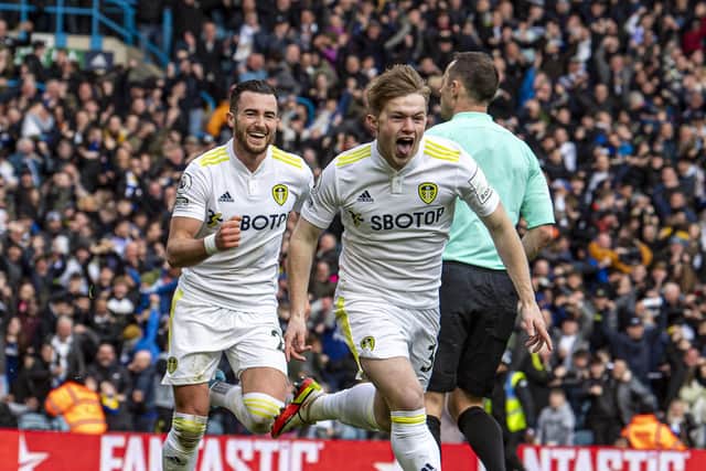 HOME COMFORTS: Joe Gelhardt celebrates a huge goal in Leeds United's season as he nets a last-minute winner at Norwich. Picture: Tony Johnson.