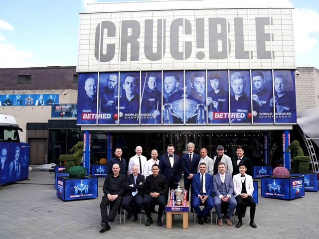 World Championship contenders (back to front, left to right) Mark Allen, Anthony McGill, Luca Brecel, Shaun Murphy, Neil Robertson, Barry Hawkins, Stuart Bingham, Yan Bingtao, Mark Williams, John Higgins, Ronnie O'Sullivan, Mark Selby, Kyren Wilson and Zhao Xinong during the media day at The Crucible, Sheffield. Picture: Zac Goodwin/PA Wire.   .