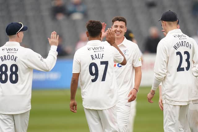 ON TARGET: Yorkshire's Matthew Fisher celebrates taking the wicket of Gloucestershire's Miles Hammond. Picture: David Davies/PA Wire.