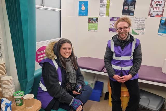 Emily Turner from Women's Lives Leeds and Dominic Maddocks from Bevan Healthcare who volunteered to staff the Safety Bus Pilot in Leeds city centre last month.