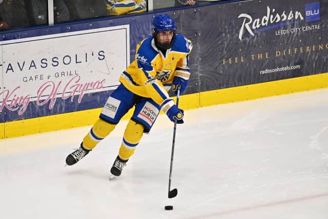 Defender Archie Hazeldine makes a welcome 
return to the Leeds Knights line-up having missed the first weekend of the play-offs due to being away with GB Under-18s at the Division 2A World Championships in Estonia. 
Picture: Bruce Rollinson