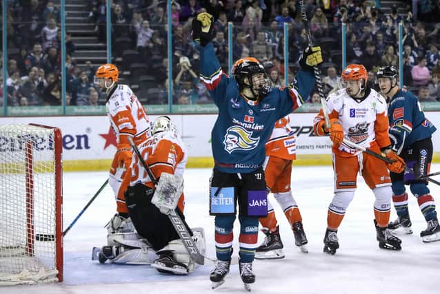 THAT'S FOR STARTERS: Mack Stewart celebrates scoring his first professional goal against the Sheffield Steelers during Friday nights Elite Ice Hockey League game at the SSE Arena. Picture: William Cherry/Presseye/EIHL.