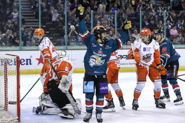 THAT'S FOR STARTERS: Mack Stewart celebrates scoring his first professional goal against the Sheffield Steelers at the SSE Arena Picture: William Cherry/Presseye/EIHL.
