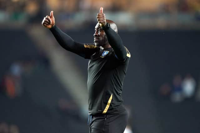 Sheffield Wednesday manager Darren Moore celebrates after the final whistle at Milton Keynes. Picture: Joe Giddens/PA