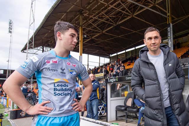 Jack Sinfield with father Kevin Sinfield after Leeds' loss to Castleford. (Picture: SWPix.com)