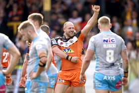 Derby joy: Castleford Tigers' Liam Watts celebrates after scoring a try during the Betfred Super League derby win over Leeds Rhinos. Picture: Danny Lawson/PA Wire.