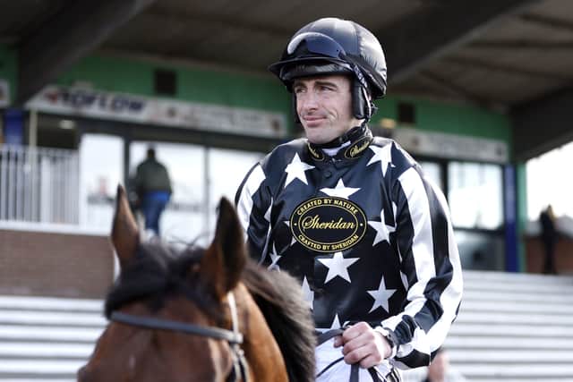 Jockey Brian Hughes with horse Imperial Merlin after winning the Free Daily Tips on attheraces.com Open National Hunt Flat race at Sedgefield. Photo: Richard Sellers/PA Wire. .