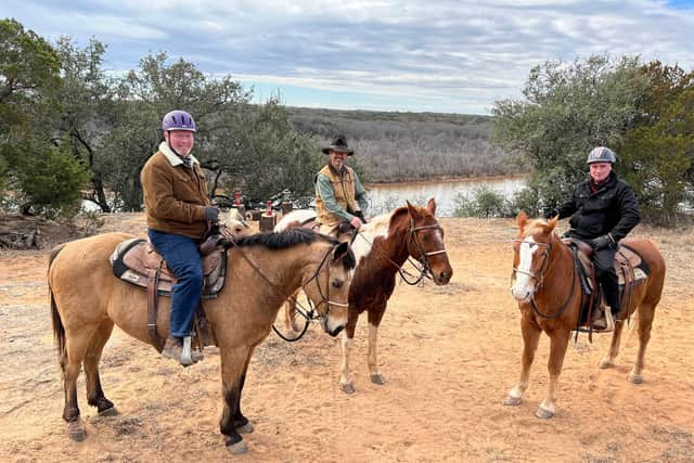 Presenters Rob and Dave Nicholson, with contributor Chad on horseback at Wildcatter Ranch and Resort.