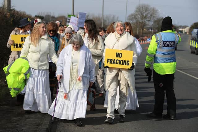 Emma Thompson takes part in an anti-fracking walk and silent protest at the Cuadrilla site in Preston New Road, Preston, in 2018. Picture: Peter Byrne/PA Wire.