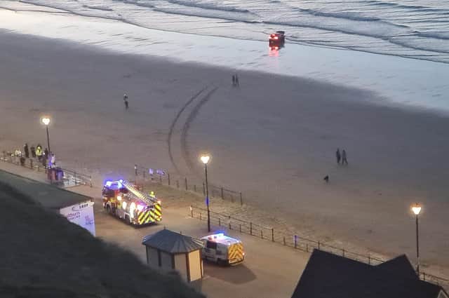 Four people were injured when the car was driven onto Saltburn beach on Monday night