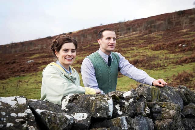 Pictured: Rachel Shenton as Helen Alderson, Nicholas Ralph as James Herriot. Picture: PA Photo/Channel 5/Playground Television (UK)