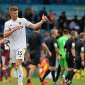 Charlie Cresswell thanks Leeds United's fans after his Premier League debut against West Ham at Elland Road earlier this season. Picture: Bruce Rollinson.