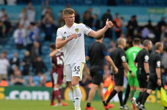 Charlie Cresswell thanks Leeds United's fans after his Premier League debut against West Ham at Elland Road earlier this season. Picture: Bruce Rollinson.