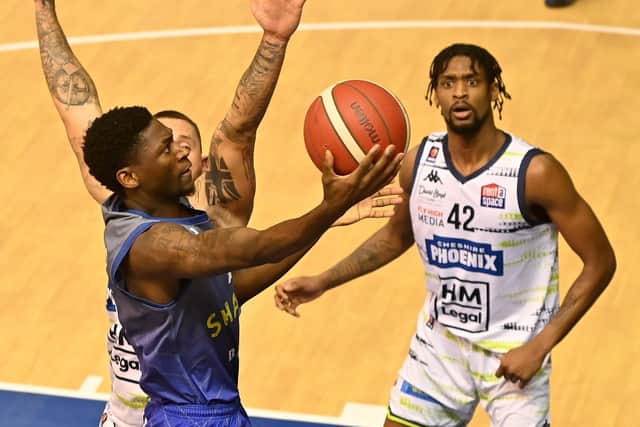 STEPPING UP: Sheffield Sharks' Joe Mvuezolo rises for a shot against Cheshire Phoenix. Picture: Bruce Rollinson.