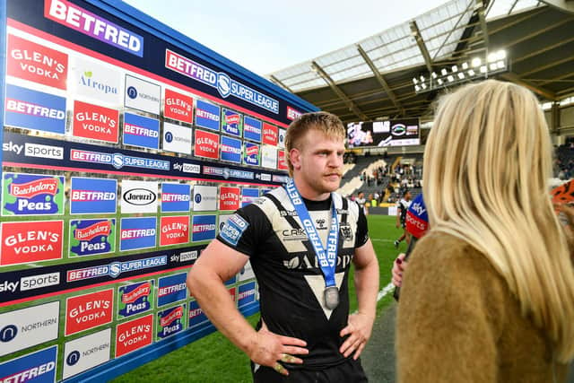 Brad Fash receives the man of the match award after the Warrington game. (Picture: SWPix.com)