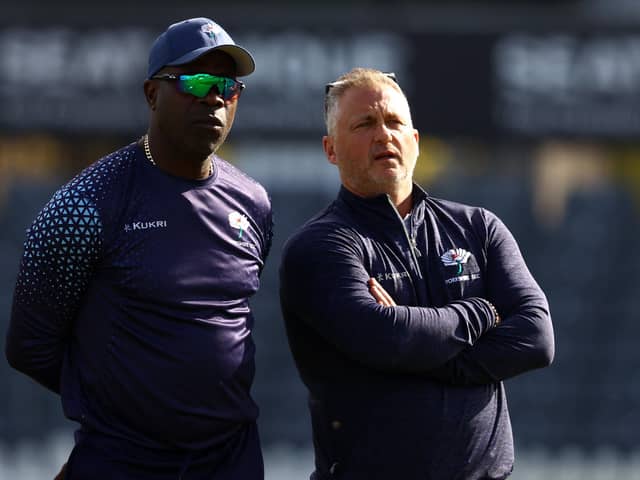 Yorkshire’s director of cricket Darren Gough and coach Ottis Gibson oversee victory at Gloucestershire. (Picture: Michael Steele/Getty Images)