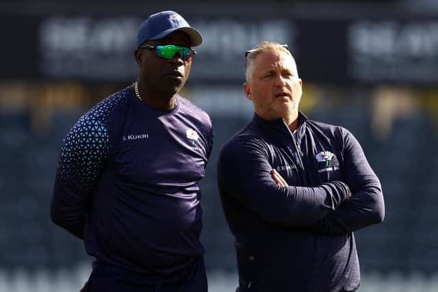 Yorkshire’s director of cricket Darren Gough and coach Ottis Gibson oversee victory at Gloucestershire. (Picture: Michael Steele/Getty Images)