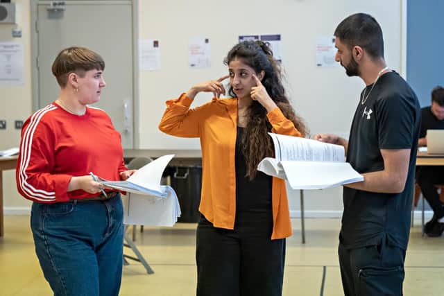 Director Sameena Hussain, Eva Scott (Ella) and Usman Nawaz (Haseeb) in  rehearsal for I Wanna Be Yours. Photography by Ant Robling