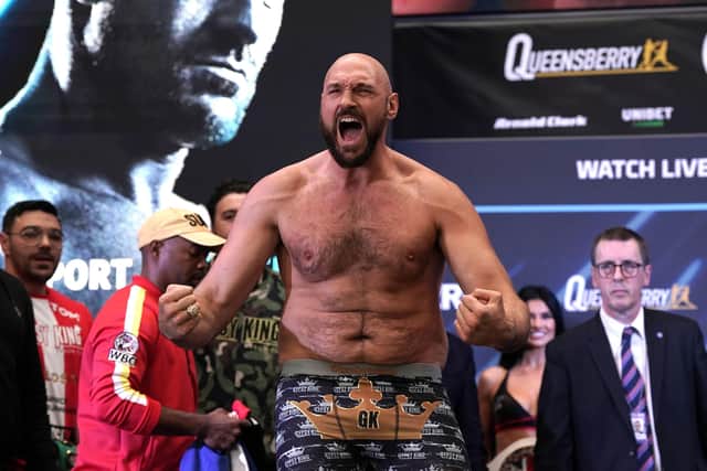 Ready to roar: WBC heavyweight champion Tyson Fury during the weigh in at BOXPARK Wembley, London. Picture: Nick Potts/PA Wire.