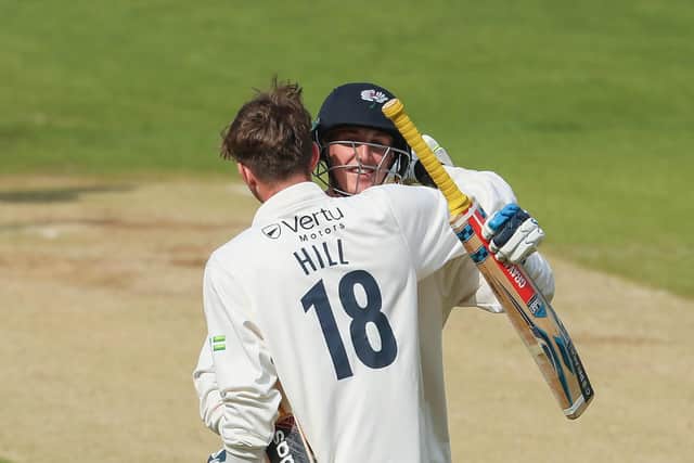 George Hill celebrates his maiden first-class century for Yorkshire against Northants (Picture: John Heald)